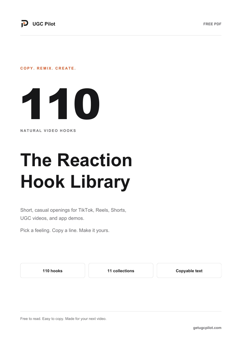 The Reaction Hook Library PDF cover: 110 natural video hooks from UGC Pilot